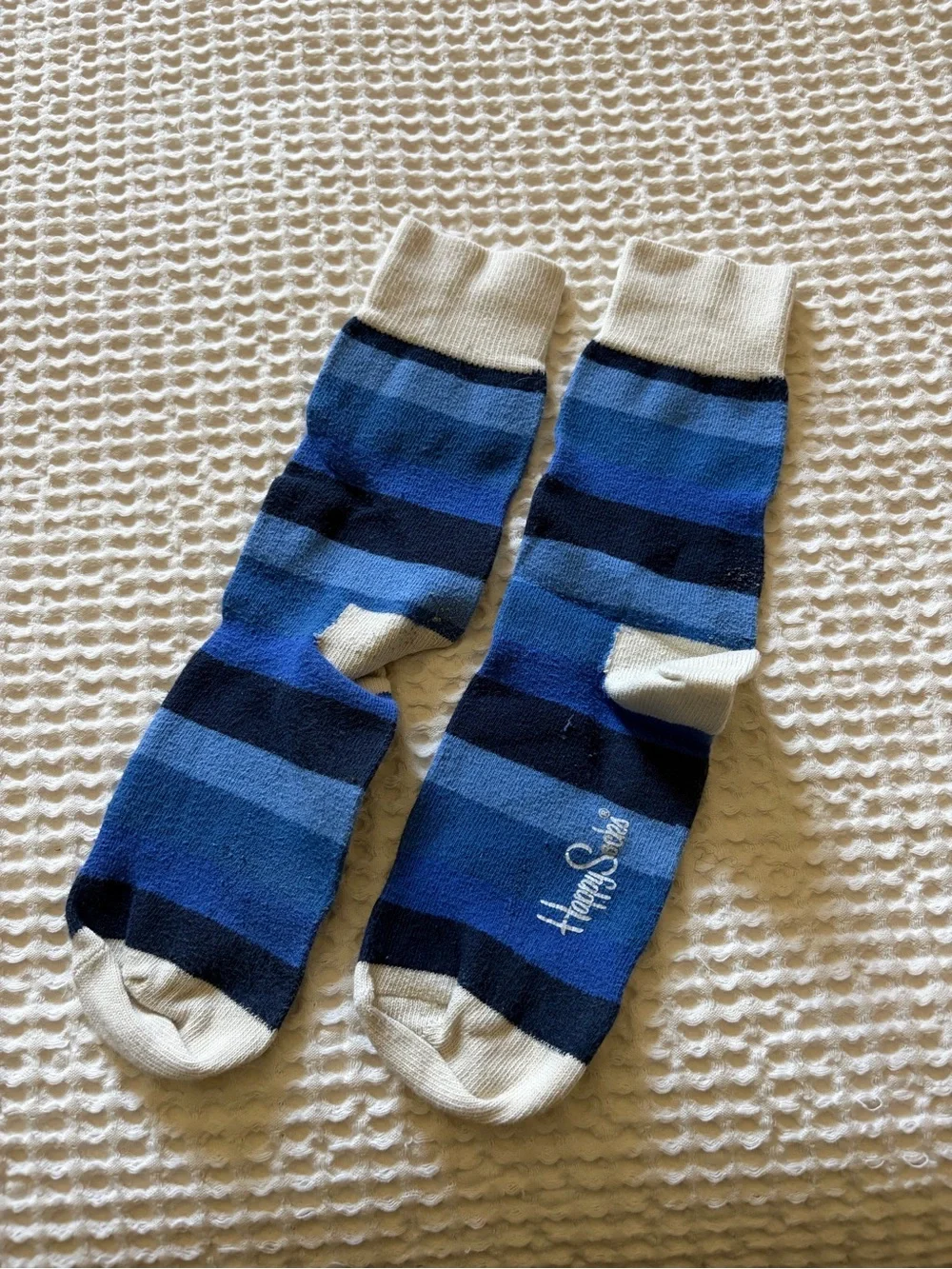 Happy Socks Blue Striped Crew Socks with White Accents